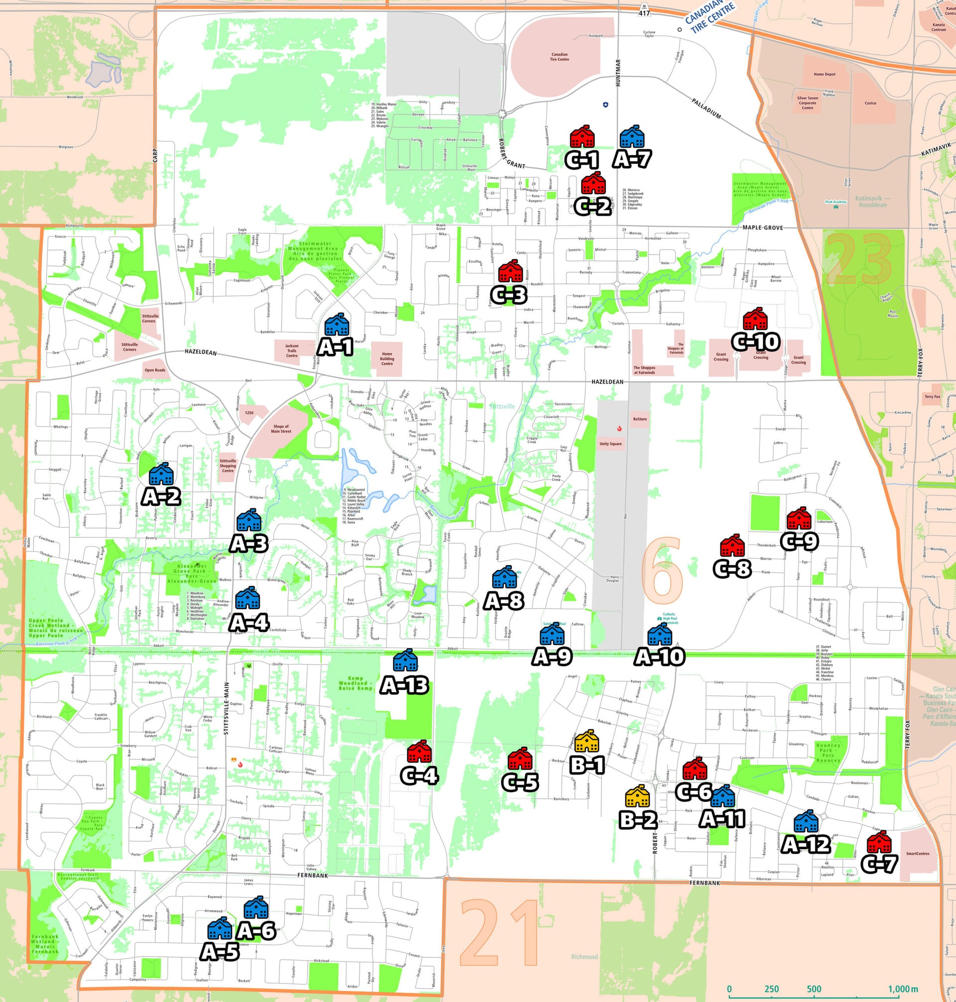 A map showing new and existing school sites in Stittsville
