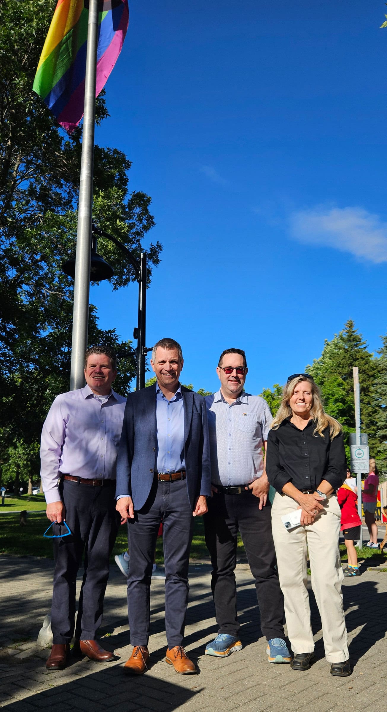 Councillor Desroches, Mayor Sutcliffe, Councillor Gower, Councillor Curry at the 2024 Pride Week flag raising ceremony in Stittsville 