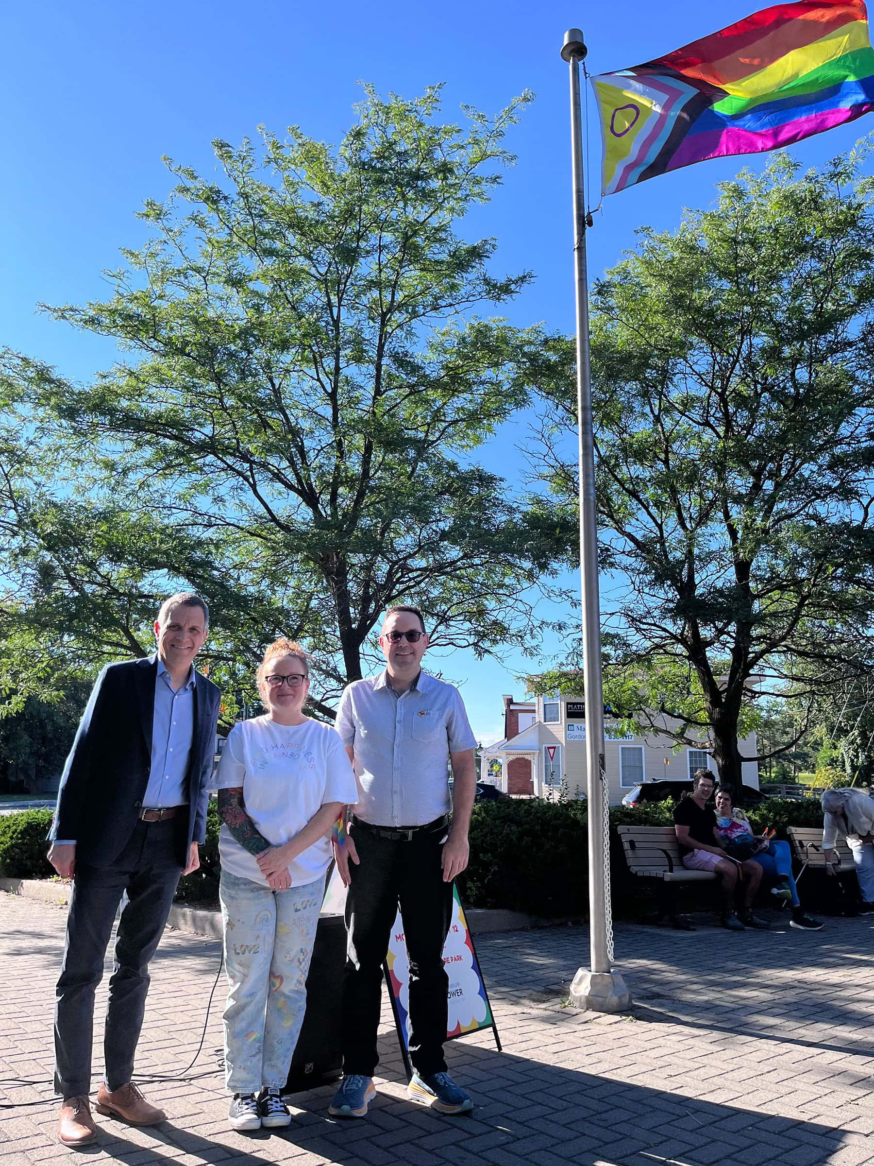 Mayor Sutcliffe, Kimberlee Barter, and Councillor Glen at the 2024 Pride Week flag raising ceremony in Stittsville 