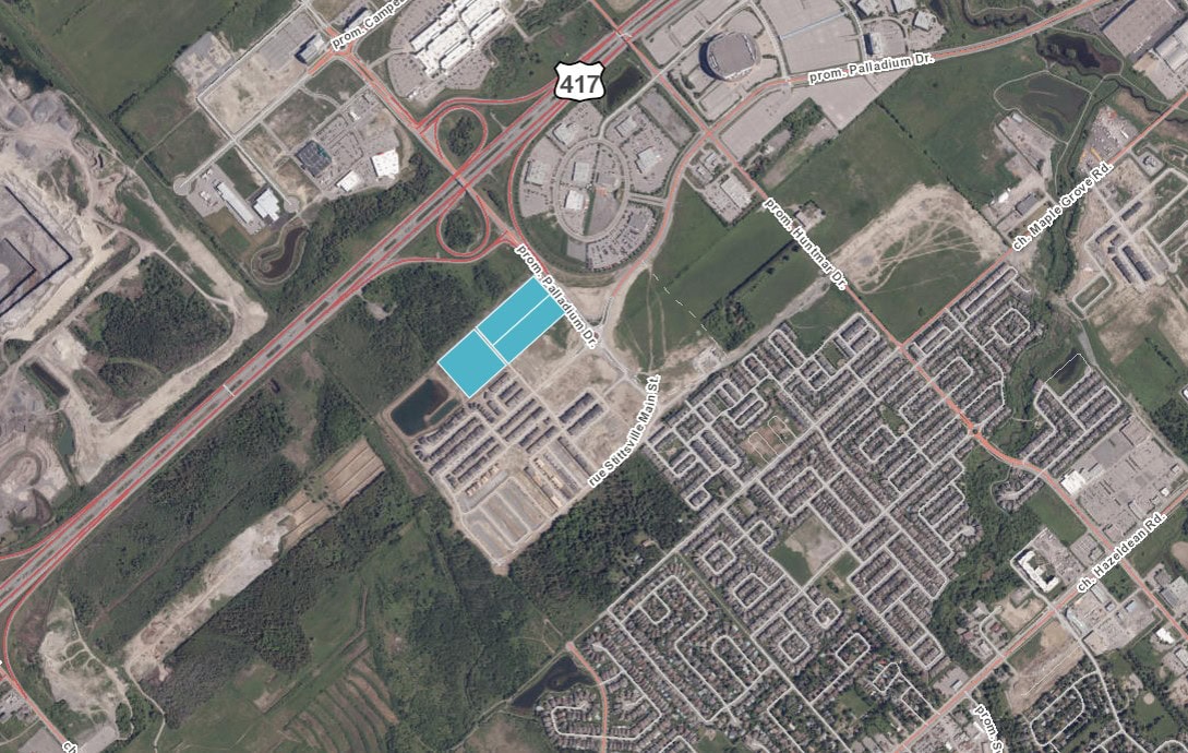 The site of the proposed waterpark is highlighted in blue on an aerial view of Stittsville