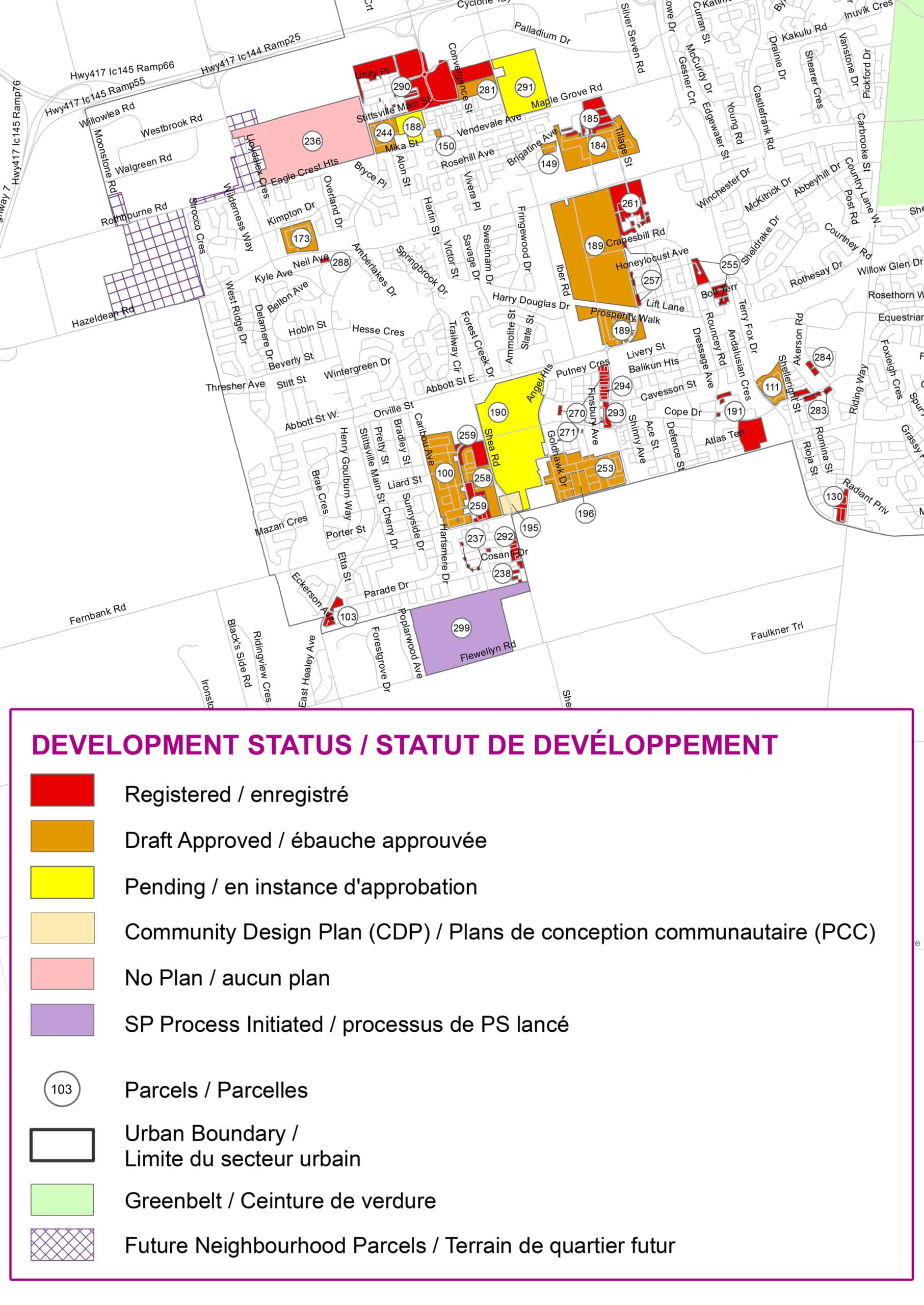 Map showing Stittsville land development status as of mid-2024