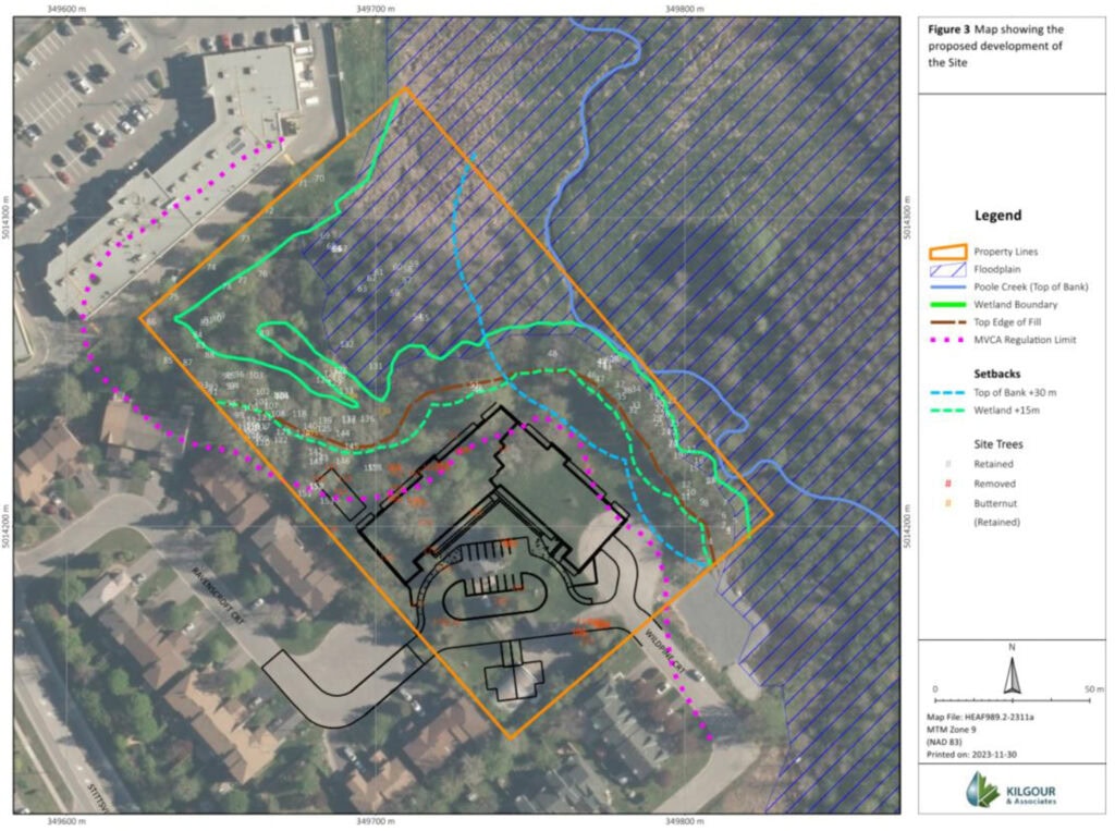 A low-quality map showing an inventory of trees on the 37 Wildpine site. Trees marked in a dark red hashmark are being removed. An environmental protection block will also be created, consisting of 12,125 square metres (approximately 1.22 hectares) on the north of the site, containing most of the existing trees on the property. This block would be conveyed to the City of Ottawa as greenspace.