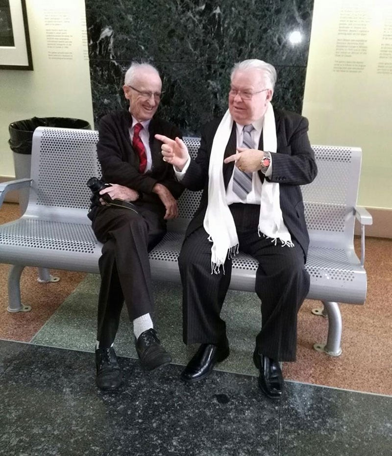 “The Two Johns”. Longtime Stittsville News reporters John Curry (left) and John Brummell at City Hall in January 2017. Brummell received a Mayor’s City Builder Award after his retirement from the newspaper. Photo via Deborah Brummell