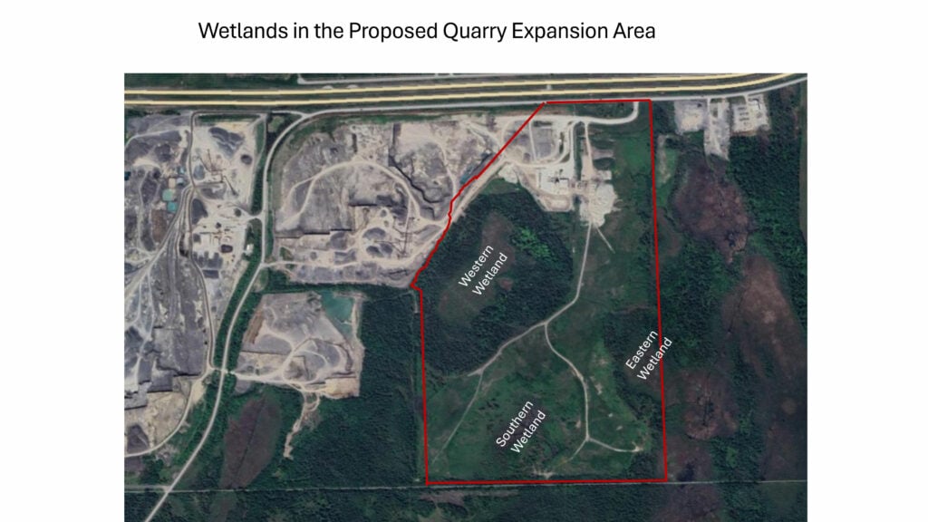 Slide from a presentation by Friends of Stittsville Wetlands showing the Tomlinson quarry expansion site