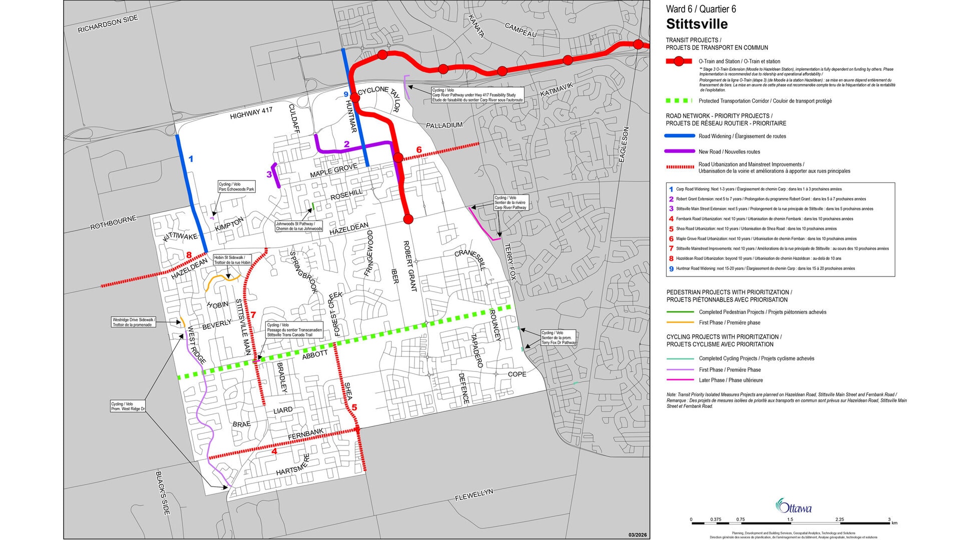 Map showing future transportation projects in Stittsville. Details and description are provided in the text of this article.