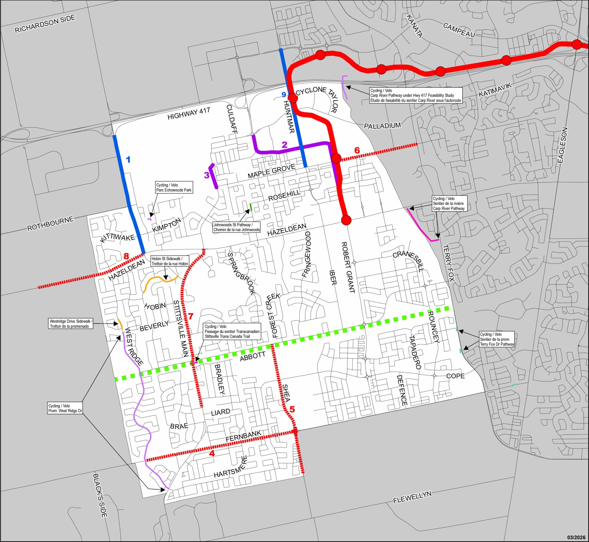 Map showing future transportation projects in Stittsville. Details and description are provided in the text of this article.