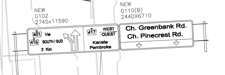 Schematic of the new signage to be installed. Black and white with arrows and text indicating upcoming highway exits