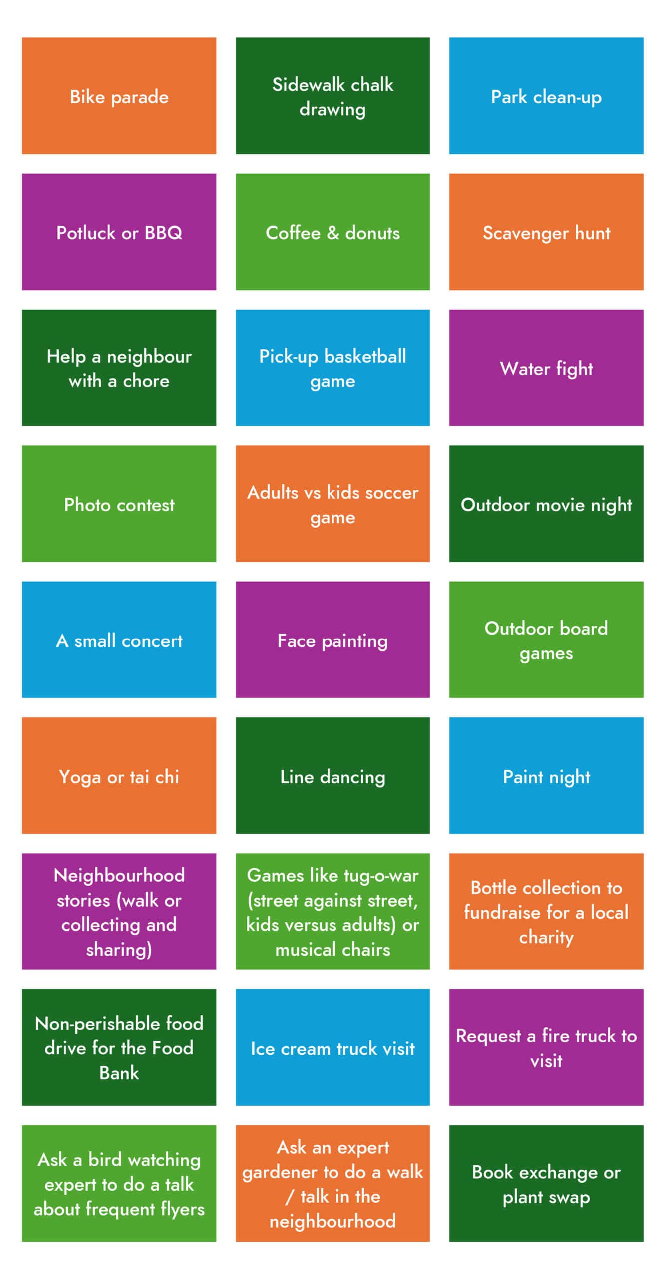 Activity ideas: Bike parade Sidewalk chalk drawing Park clean-up Potluck or BBQ Coffee & donuts Scavenger hunt Help a neighbour with a chore Pick-up basketball game Water fight Photo contest Adults vs kids soccer game Outdoor movie night A small concert Face painting Outdoor board games Yoga or tai-chi Line dancing Paint night Neighbourhood stories (walk or collecting and sharing) Games like tug-o-war (street against street, kids versus adults) or musical chairs Bottle collection to fundraise for a local charity Non-perishable food drive for the Food Bank Ice cream truck visit Request a fire truck to visit Have a bird watching expert do a talk about frequent flyers Have an expert gardener do a walk / talk around the neighbourhood Book exchange or plant swap