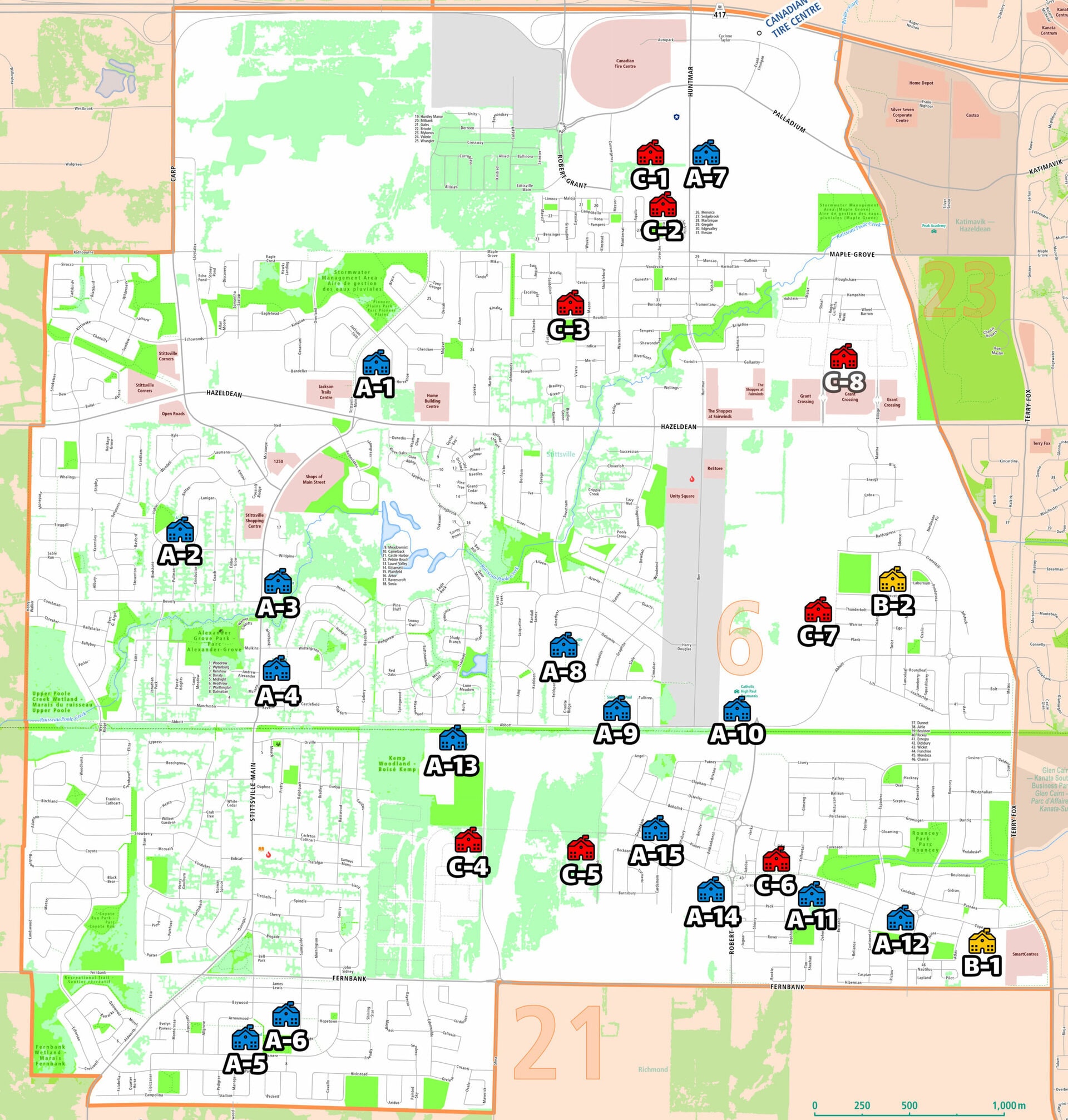 Map of current and future school sites in Stittsville