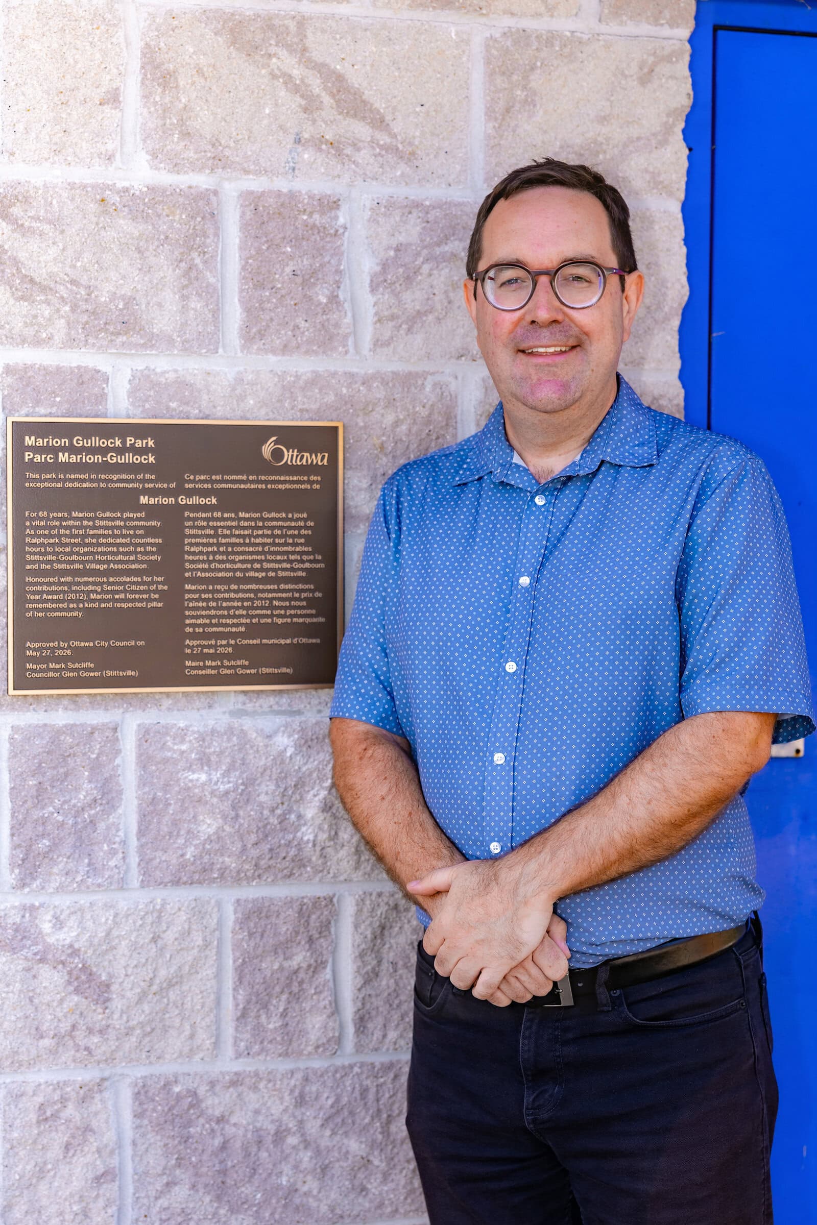 Marion Gullock Park commemorative naming ceremony on September 26, 2026. Glen with the new plaque