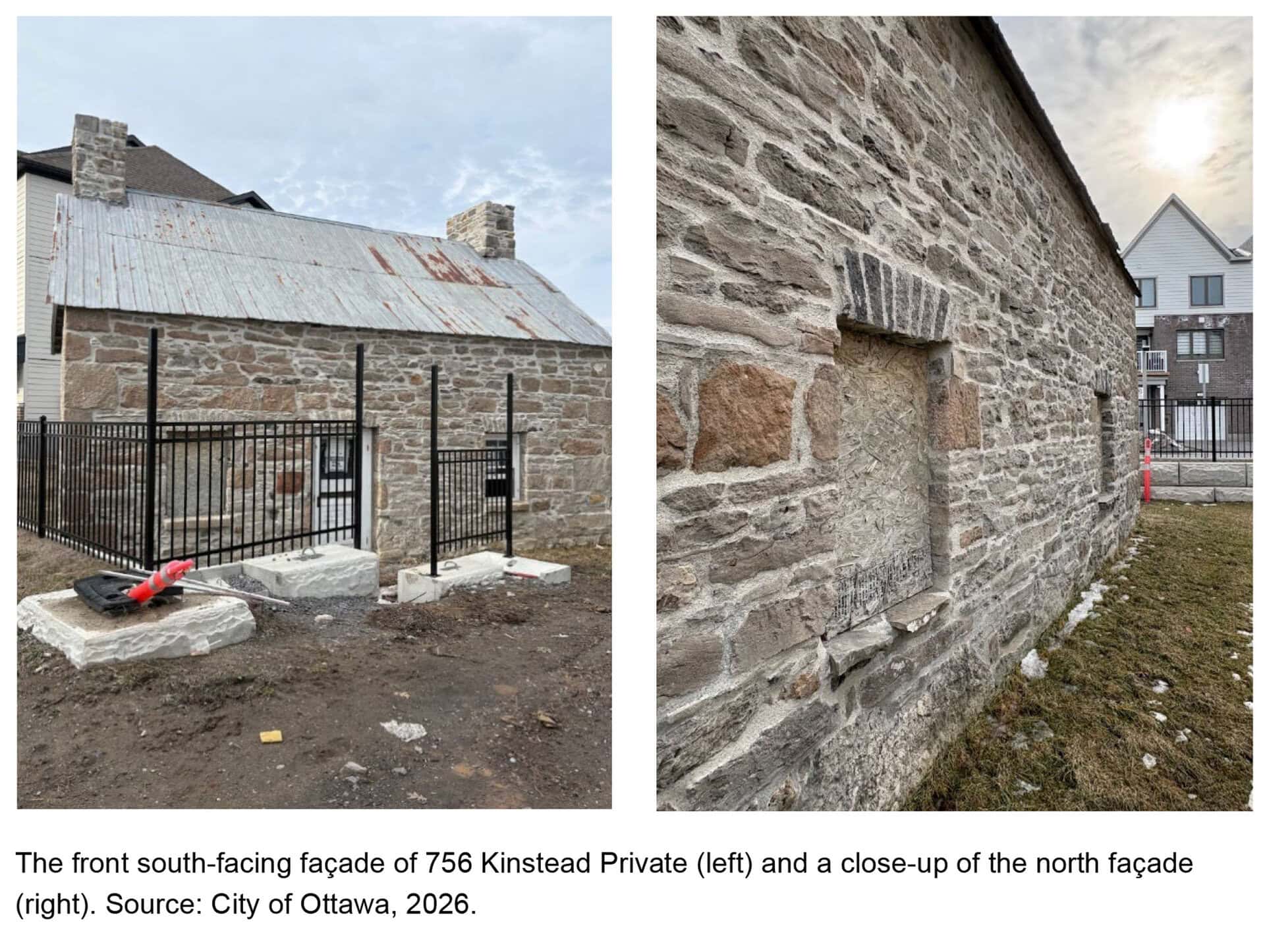 Two colour photographs of the Hartin homestead at 756 Kinstead Private. The left image shows the south-facing stone façade with a weathered metal roof, chimneys, and protective fencing around the building. The right image is a close-up view of the north stone wall, showing boarded window openings, masonry details, and nearby modern residential buildings in the background.